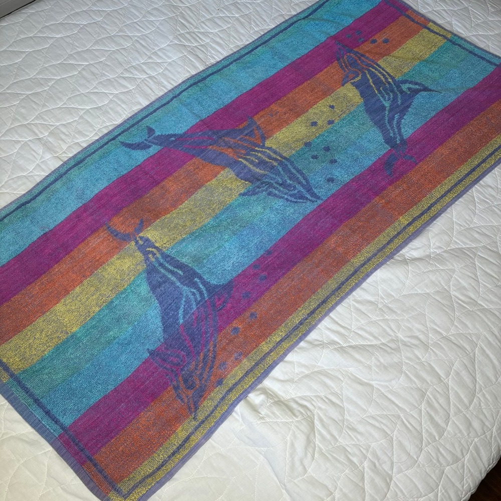 Vintage Rainbow Striped Reversible Beach Towel Dolphins Whales Retro Soft 51x25